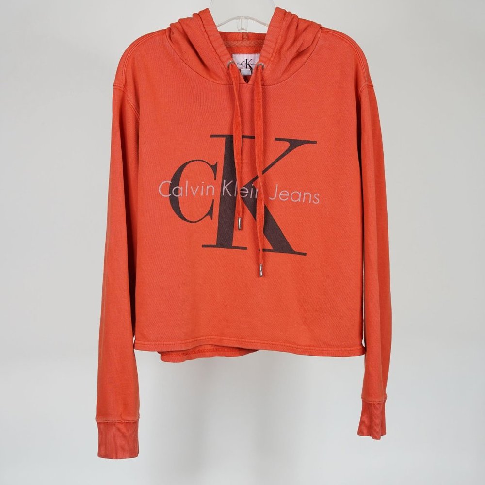 Ladies Calvin Klein Orange Logo Crop Hoodie
